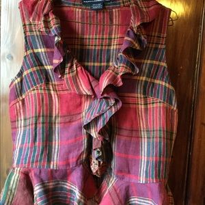 Plaid ruffle multi-color linen sleeveless top